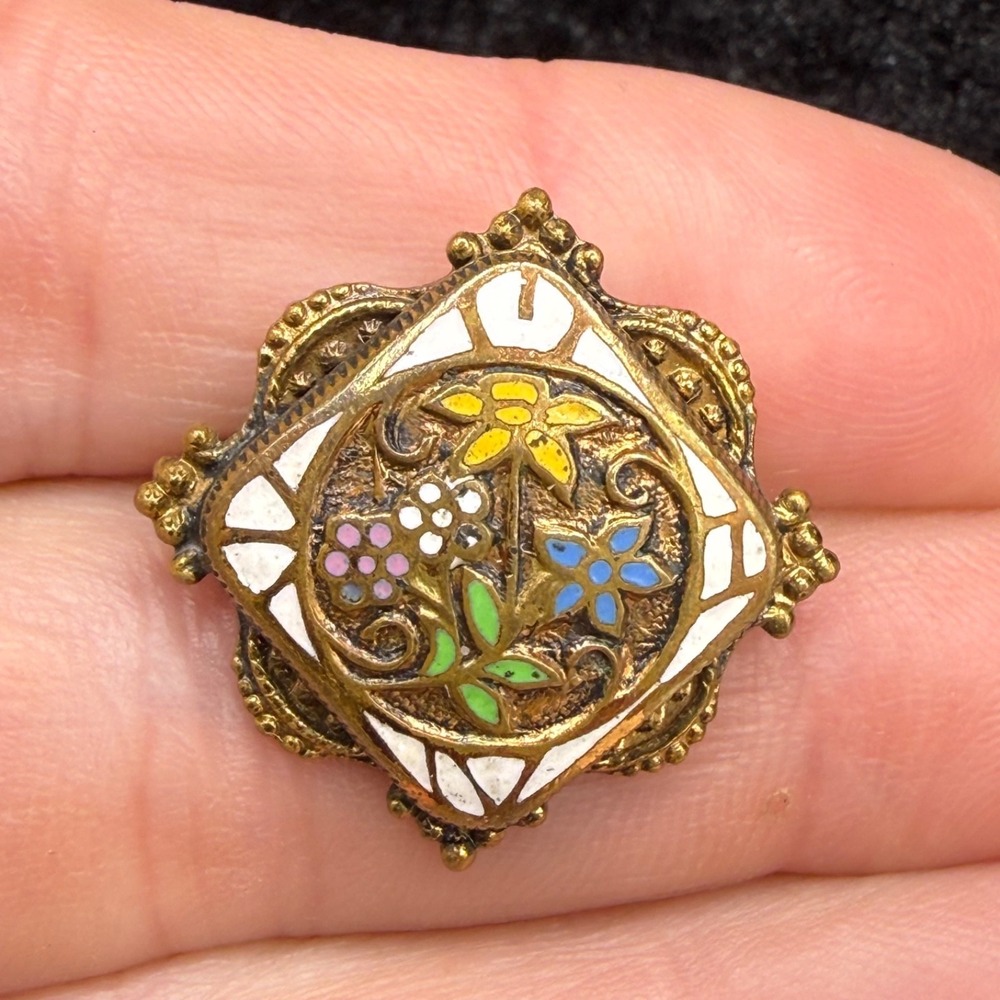 Vintage Cloisonne Enamel Brooch Art Nouveau‎ Gilded Brass Flower